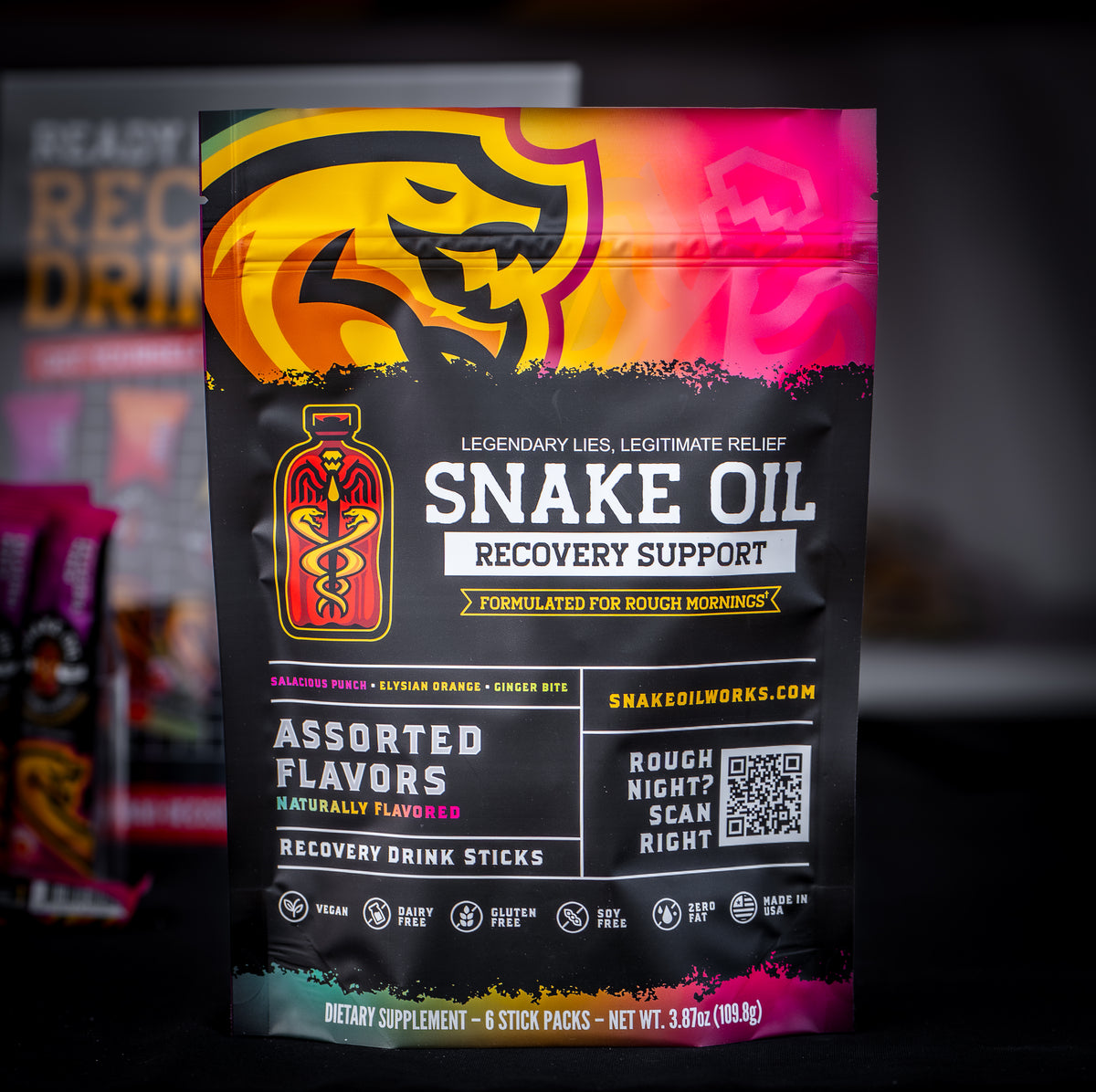 Snake Oil Assorted Varieties recovery drink pouch — all three flavors in one pouch