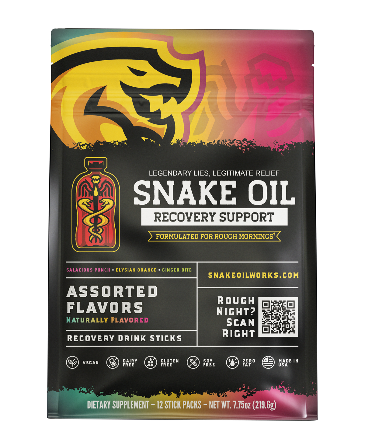 Snake Oil Assorted Varieties recovery drink pouch — 12-pack, front