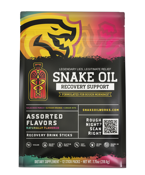 Snake Oil Assorted Varieties recovery drink pouch — 12-pack, front