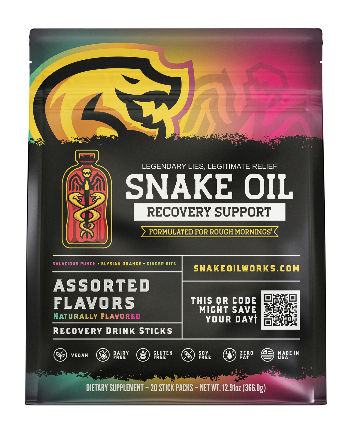 Snake Oil Assorted Varieties recovery drink pouch — 20-pack, front