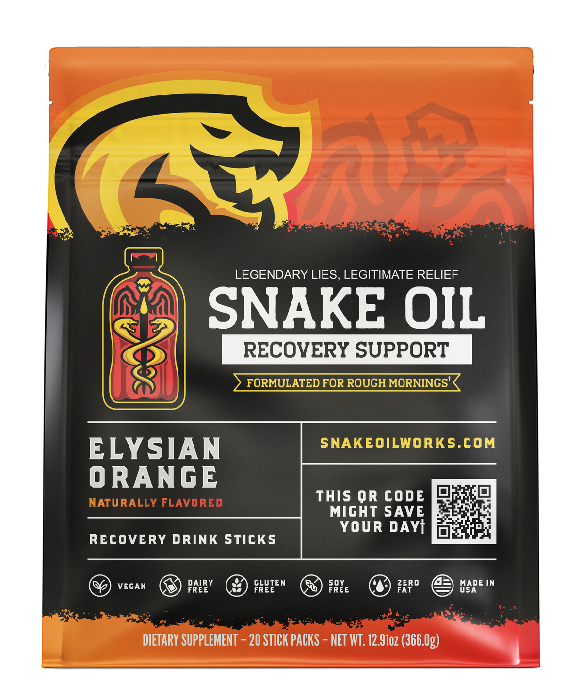 Snake Oil Elysian Orange recovery drink pouch — 20-pack, front