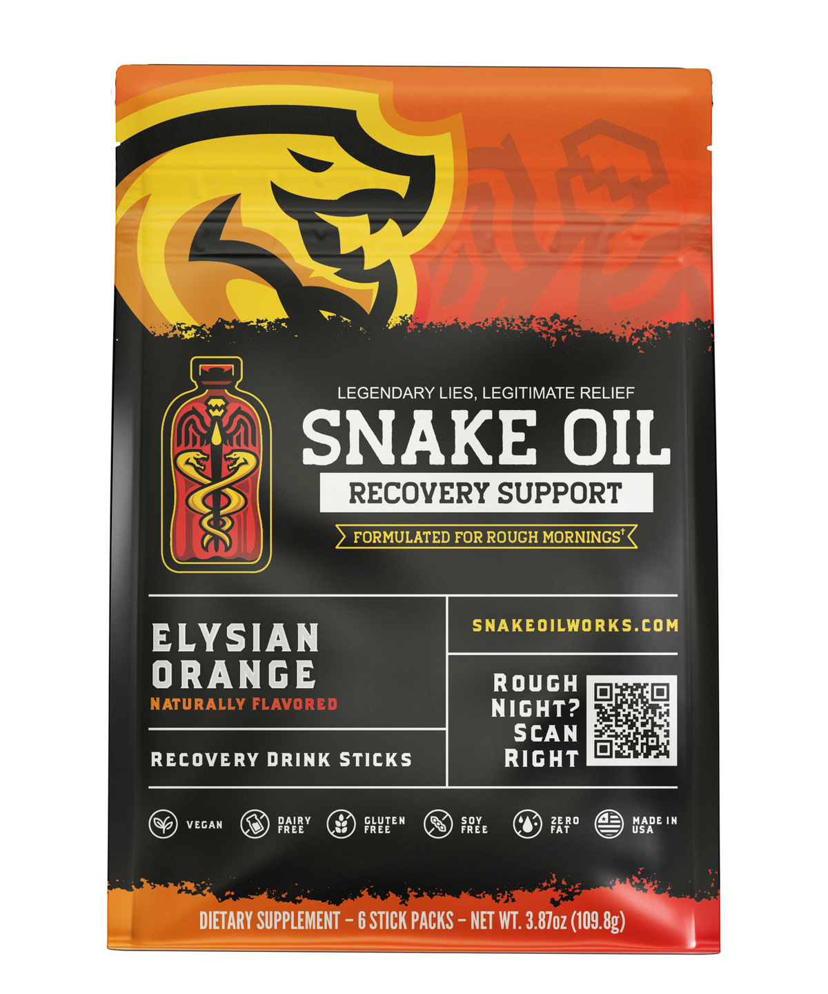 Snake Oil Elysian Orange recovery drink pouch — 6-pack, front