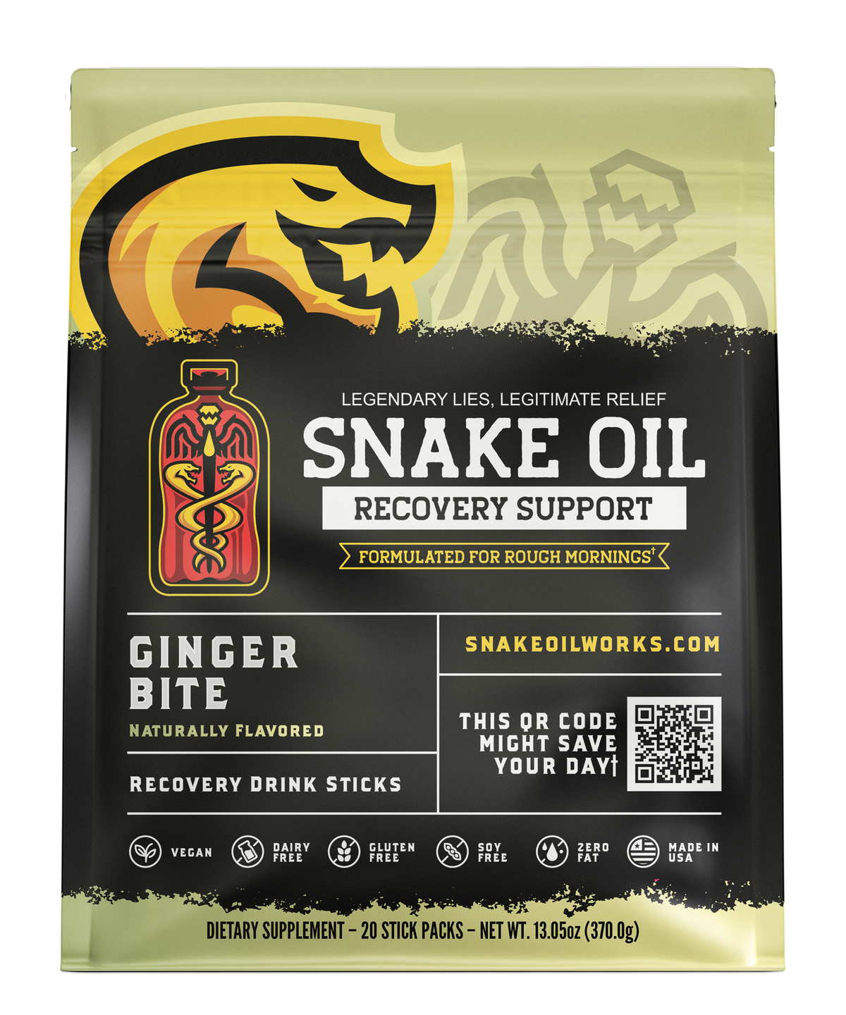 Snake Oil Ginger Bite recovery drink pouch — 20-pack, front