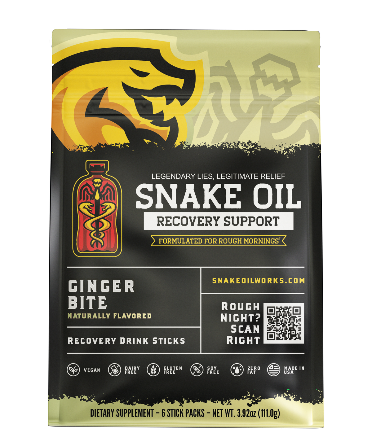 Snake Oil Ginger Bite recovery drink pouch — 6-pack, front