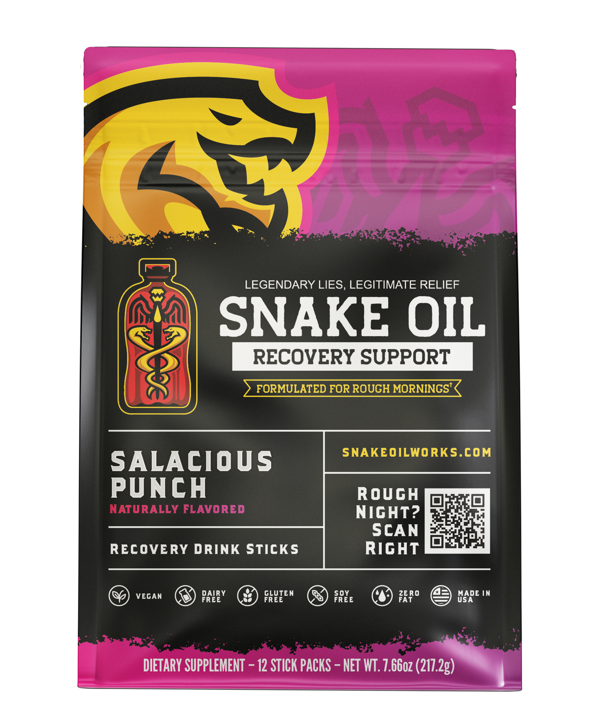 Snake Oil Salacious Punch recovery drink pouch — 12-pack, front