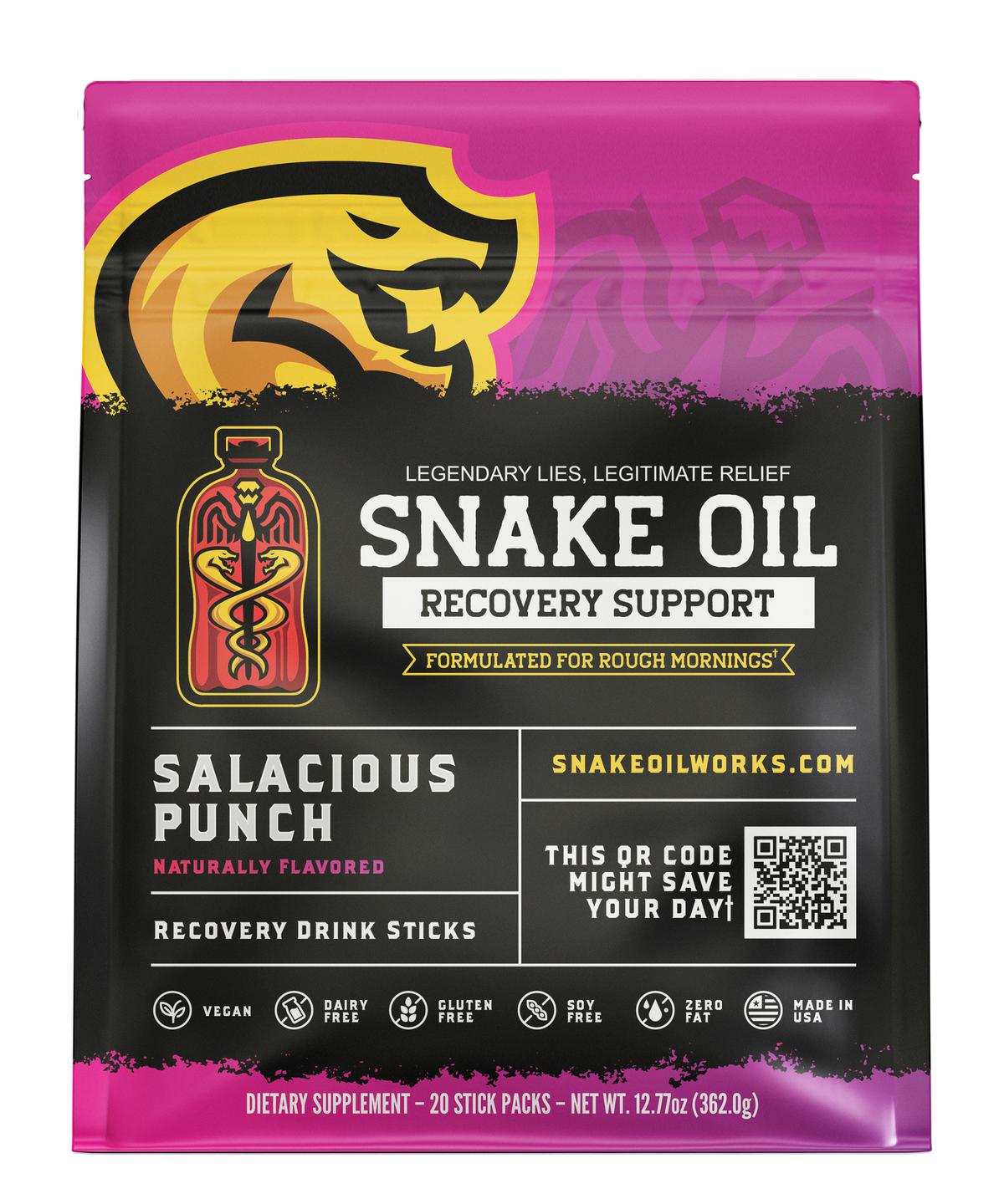 Snake Oil Salacious Punch recovery drink pouch — 20-pack, front