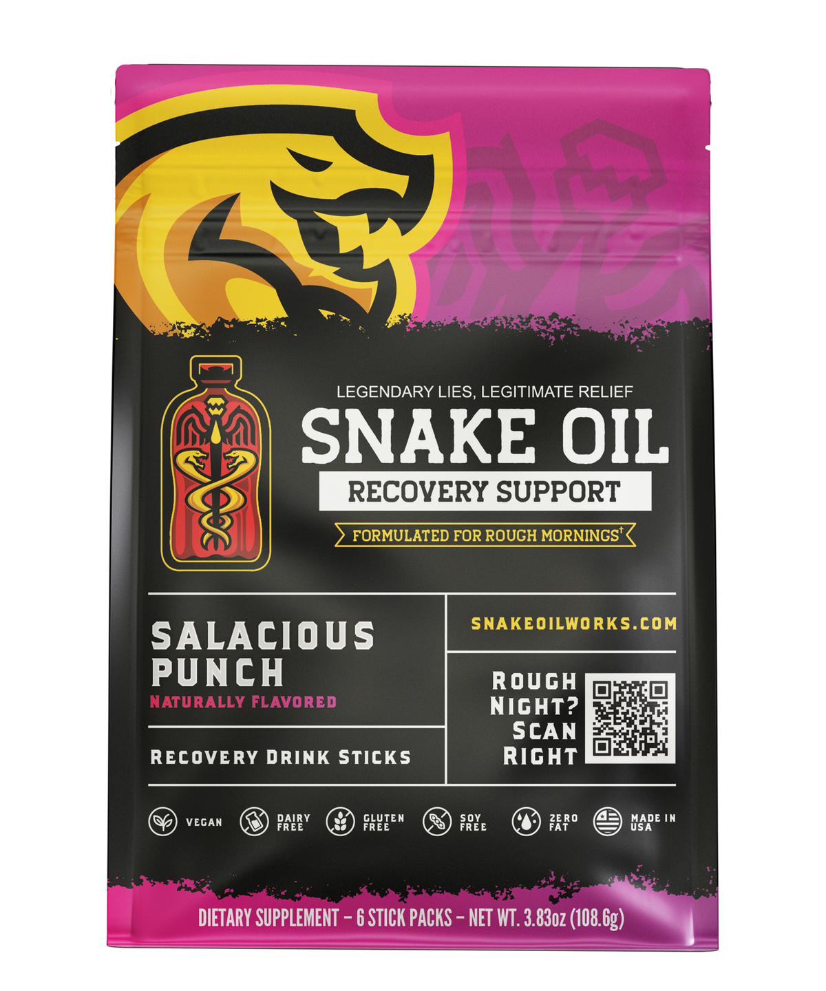 Snake Oil Salacious Punch recovery drink pouch — 6-pack, front