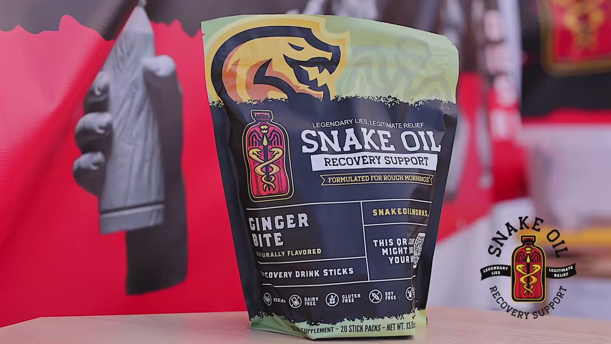 Snake Oil taste test: the team and customers try all three flavors at an event booth. 1 minute 50 seconds, captions on screen.