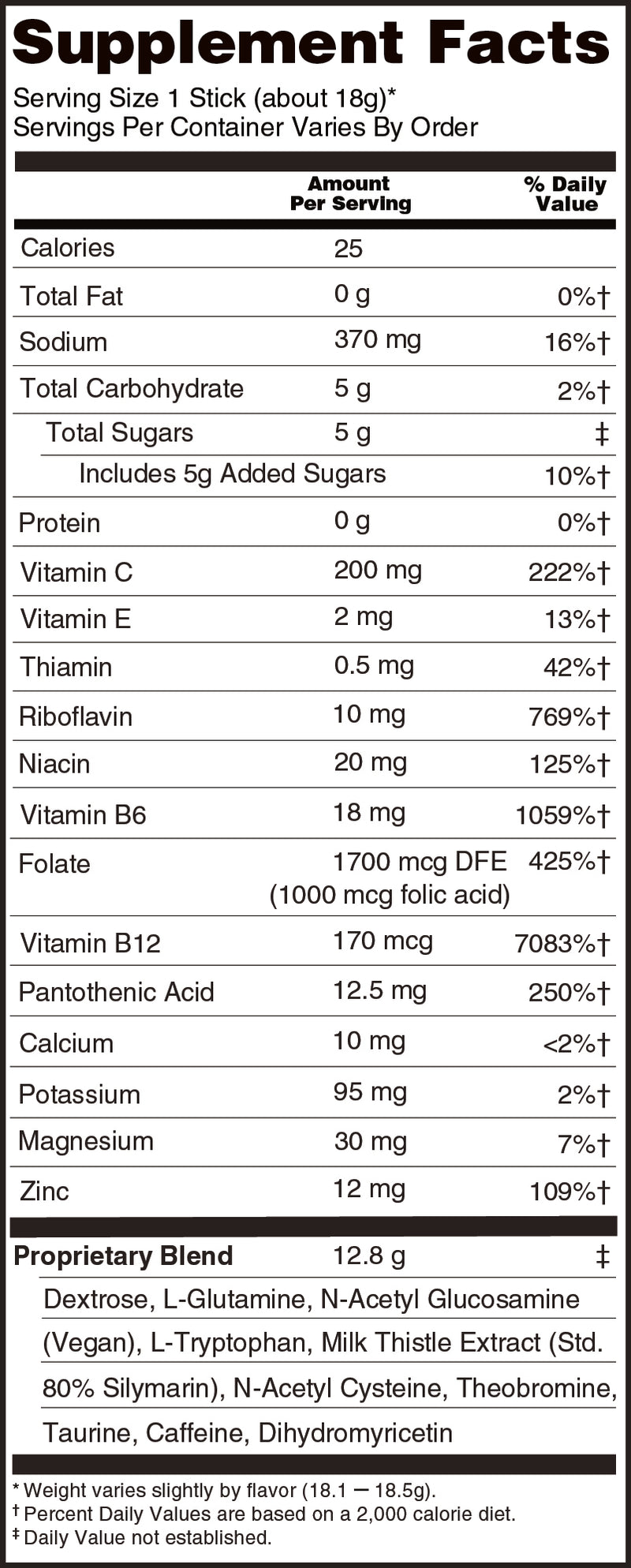 Supplement Facts panel for Snake Oil recovery drink mix (serving size 1 stick, 18.1–18.5g by flavor)