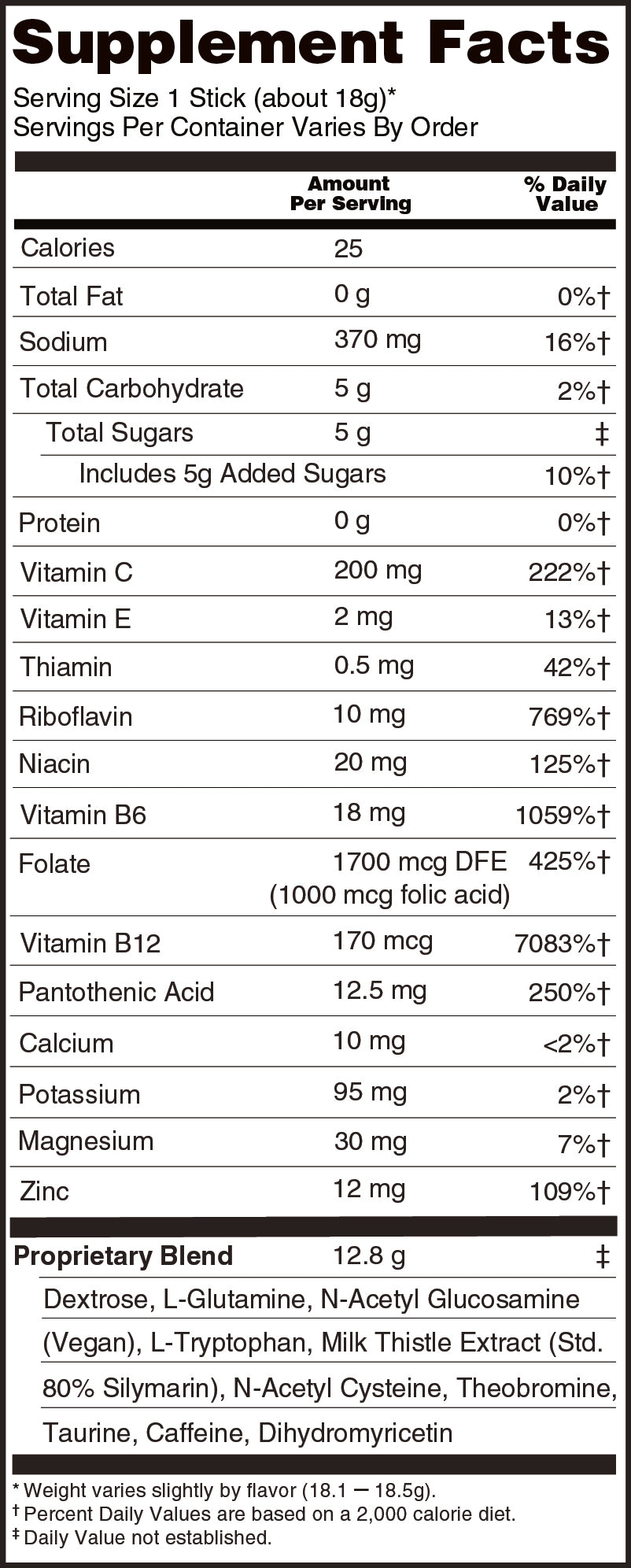 Supplement Facts panel for Snake Oil recovery drink mix (serving size 1 stick, 18.1–18.5g by flavor)