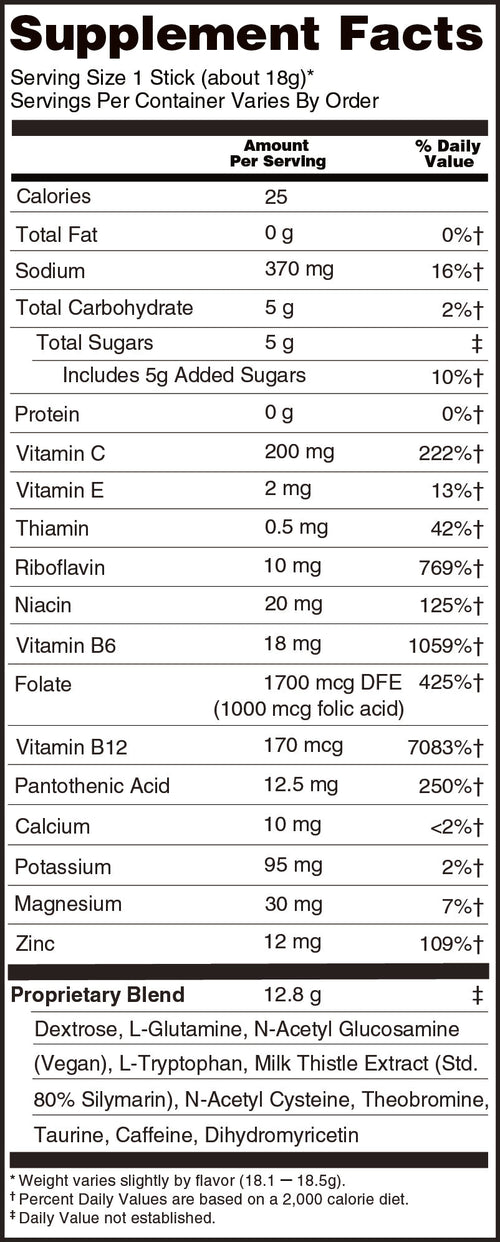 Supplement Facts panel for Snake Oil recovery drink mix (serving size 1 stick, 18.1–18.5g by flavor)