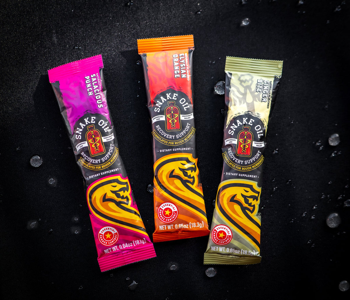 Snake Oil 3-Pack Sampler — one stick each of Salacious Punch, Elysian Orange, and Ginger Bite